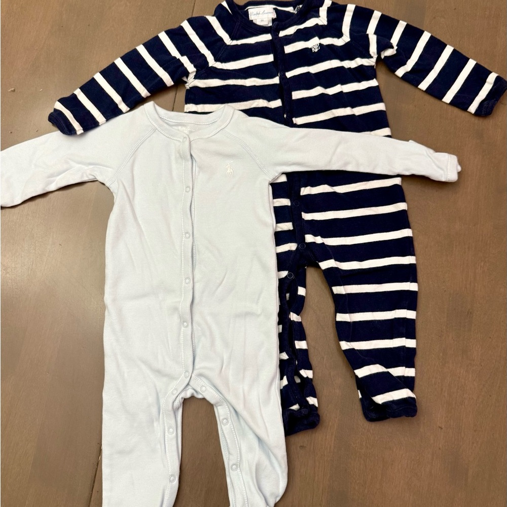 Ralph Lauren Navy Striped and Light Blue Kids Footies - 9 months NWOT